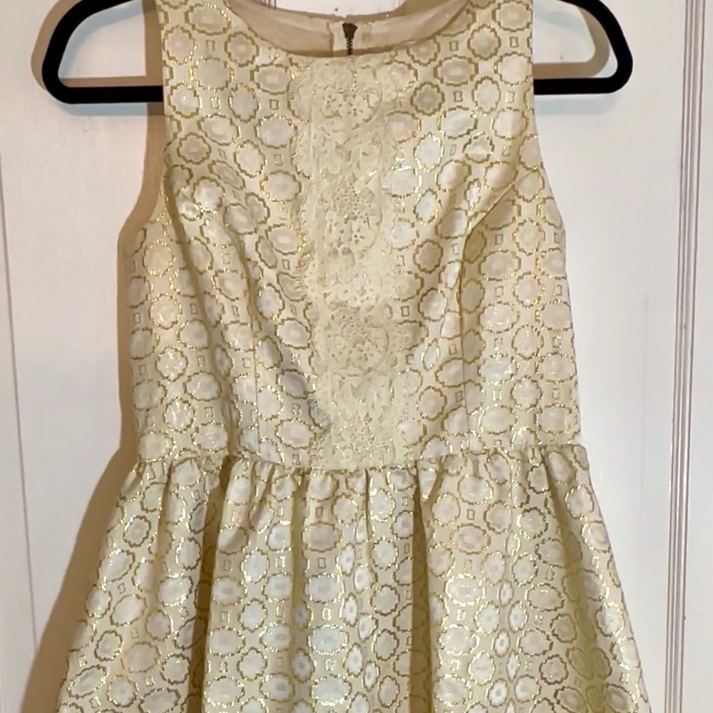 Gold and Ivory Metallic Lace Front Brocade Party Holiday Cocktail Dress